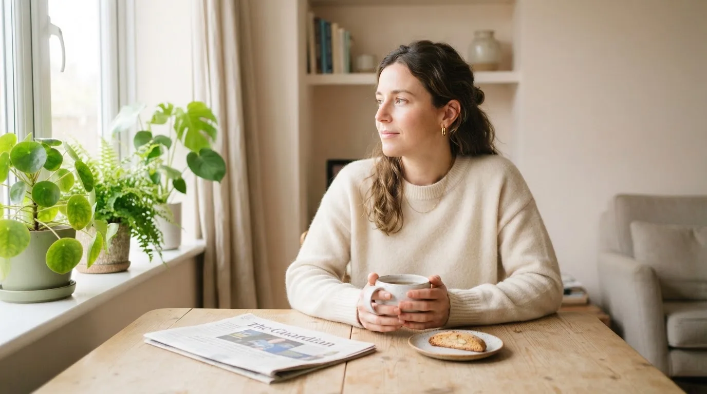 Kvinne som sitter ved et bord med en kopp te og et rolig uttrykk i en lys stue, planter i vinduet