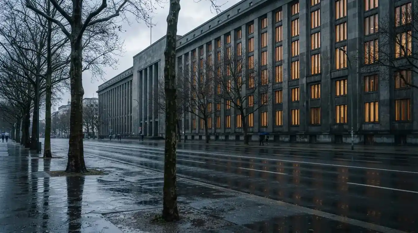 Stor offentlig bygning med høye vinduer sett fra en bred gate i regnvær, ingen skilt synlige